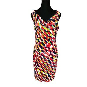 Evan Picone Multicolor Geometric Brushstroke Cowl Neck Sheath Dress 4